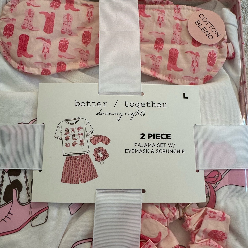 Cowboy style Pajama Set with Eyemask and Scrunchie Large NIB Pink & white colors - Picture 2 of 6
